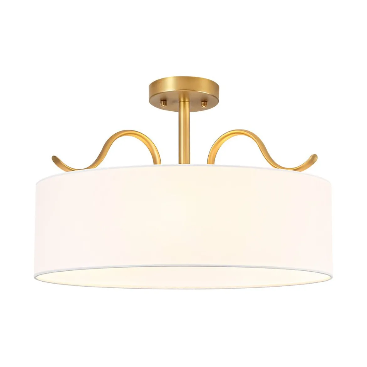 Brass White Fabric Drum Cage Semi Flush Dual Mount Chandelier