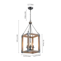 Candle Style Weathered Wooden Square Cage Pendant Light