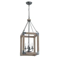 Candle Style Weathered Wooden Square Cage Pendant Light