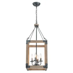 Candle Style Weathered Wooden Square Cage Pendant Light