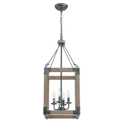 Candle Style Weathered Wooden Square Cage Pendant Light