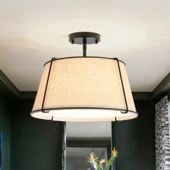 Contemporary Wide Linen Drum Brass Semi Flush Mount