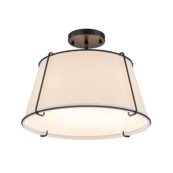 Contemporary Wide Linen Drum Brass Semi Flush Mount