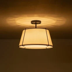 Contemporary Wide Linen Drum Brass Semi Flush Mount