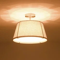 Contemporary Wide Linen Drum Brass Semi Flush Mount