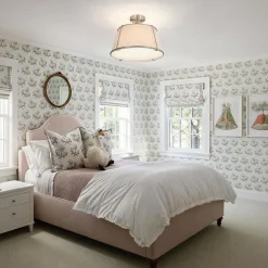 Contemporary Wide Linen Drum Brass Semi Flush Mount