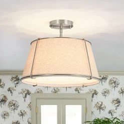Contemporary Wide Linen Drum Brass Semi Flush Mount