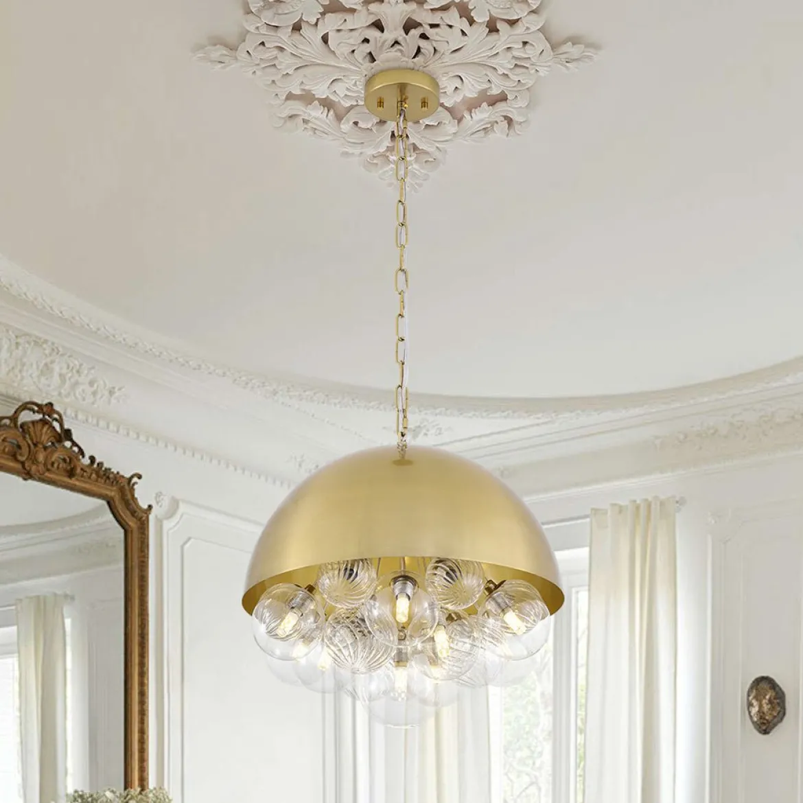 Designer Cluster Glass Globe Metal Dome Pendant Light