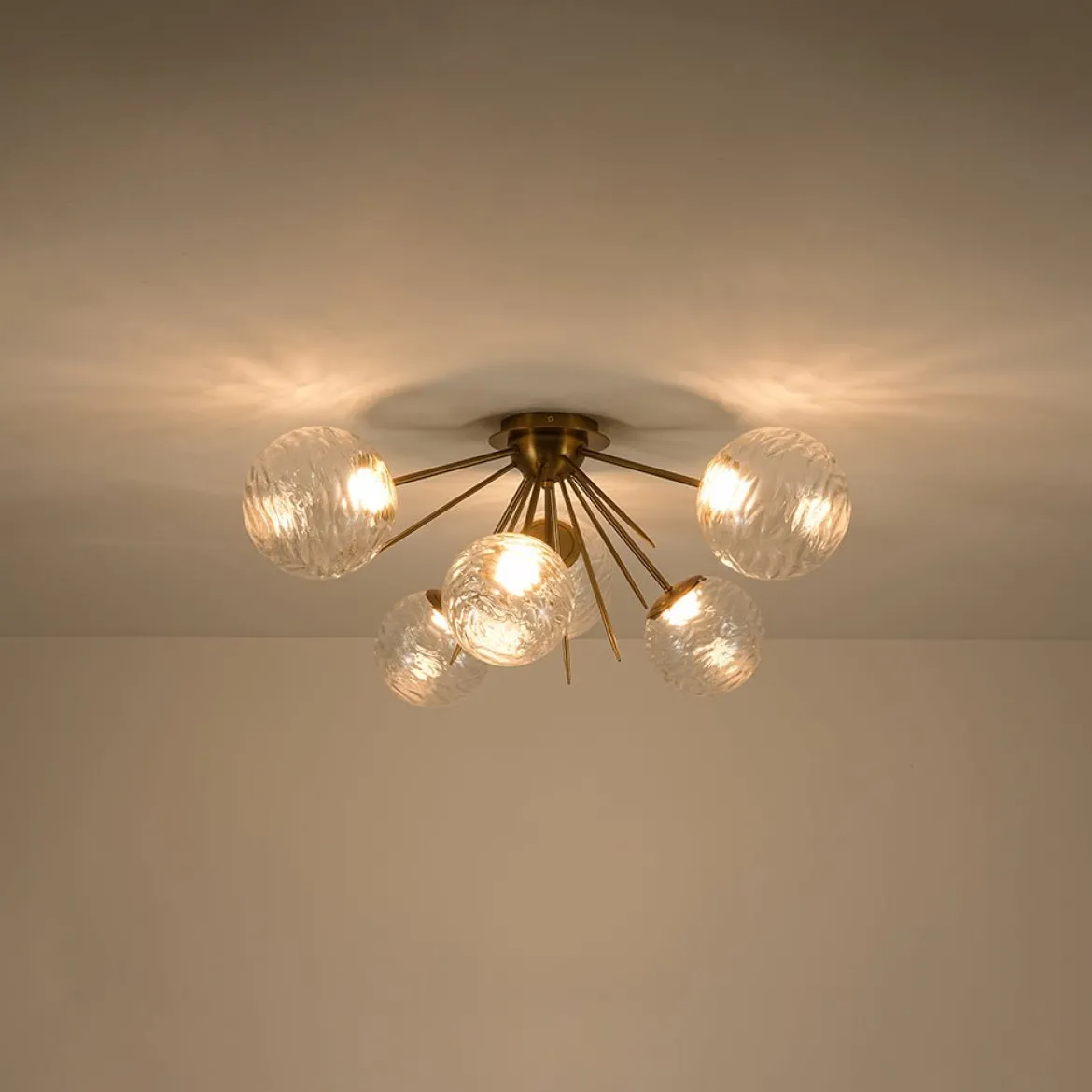 Dimmable LED 6-Light Ripple Glass Sputnik Semi Flush Chandelier