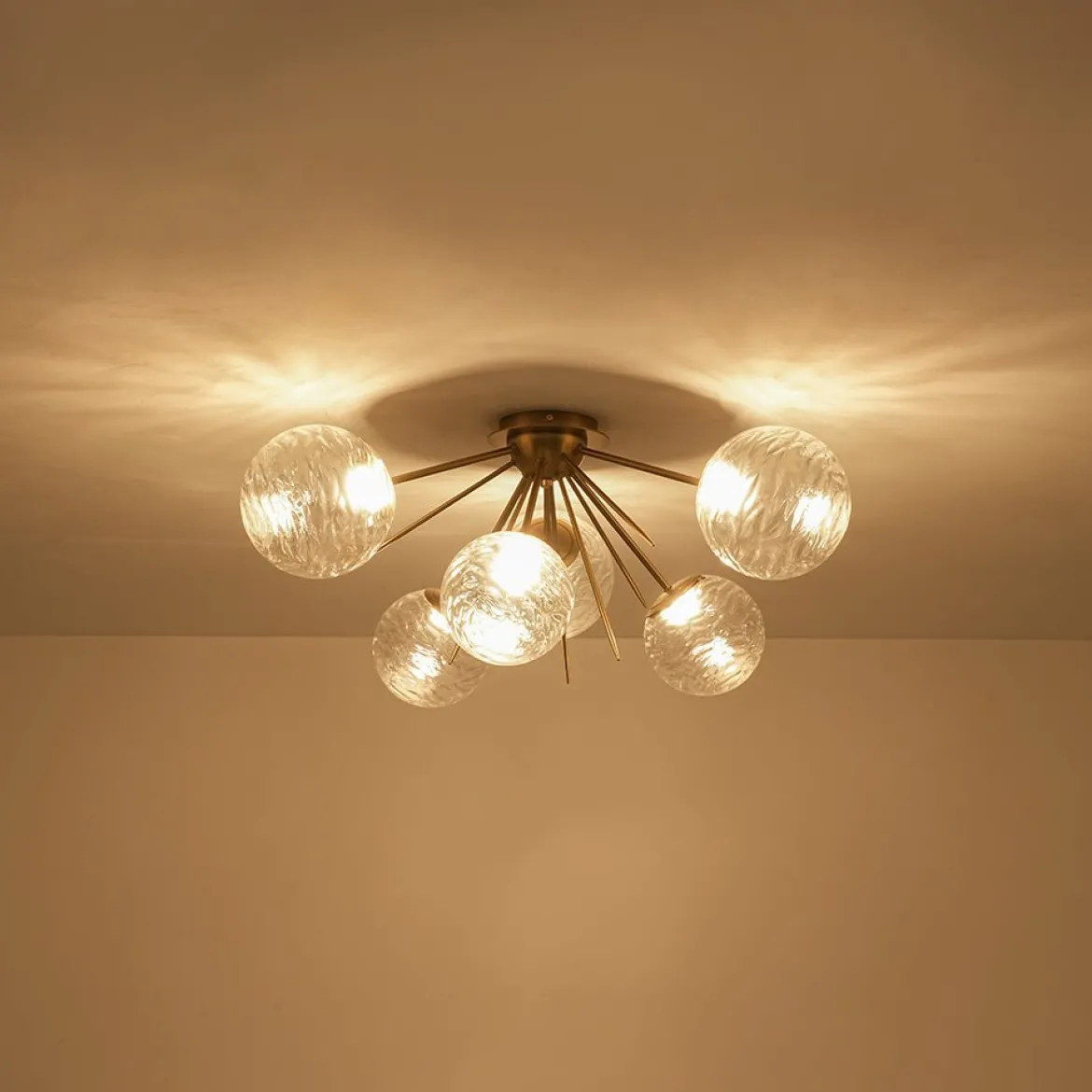 Dimmable LED 6-Light Ripple Glass Sputnik Semi Flush Chandelier