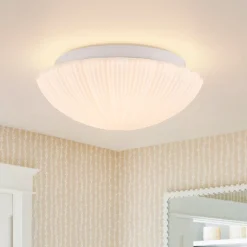 Dimmable LED White Ribbed Glass Scalloped Ceiling Light