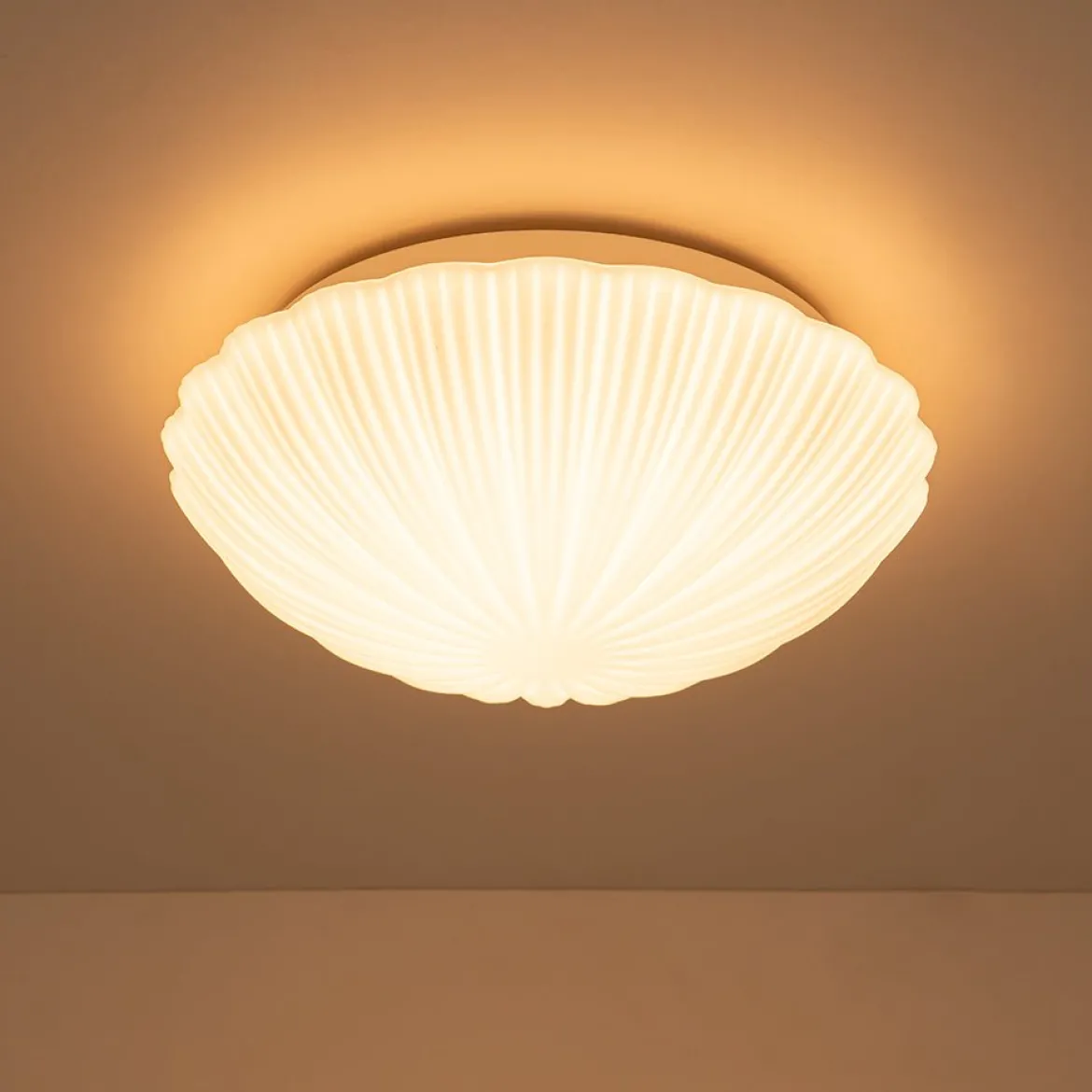 Dimmable LED White Ribbed Glass Scalloped Ceiling Light