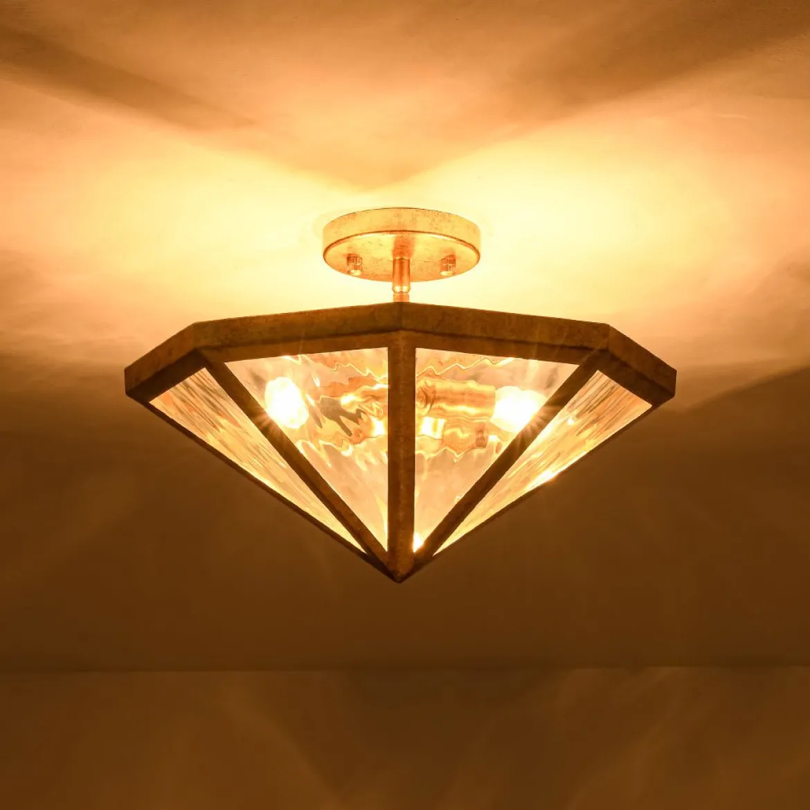 Distressed Gold Geometric Water Glass Cage Semi Flush Mount