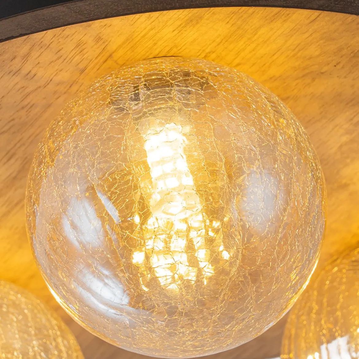 Farmhouse Amber Textured Glass Wooden Round Ceiling Light