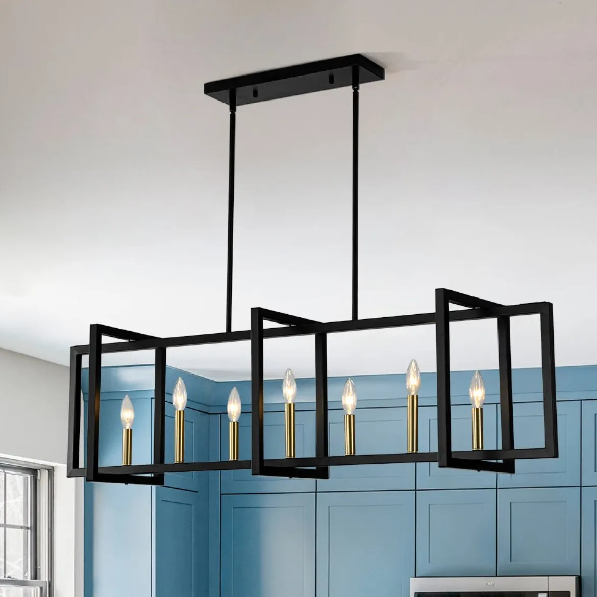 Farmhouse Candle Style Linear Rectangular Cage Island Chandelier