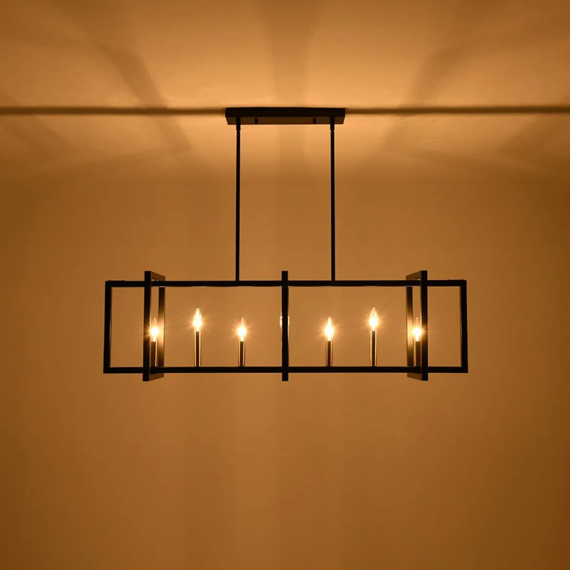 Farmhouse Candle Style Linear Rectangular Cage Island Chandelier