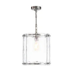 Farmhouse Clear Textured Glass Cylinder Cage Pendant