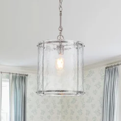 Farmhouse Clear Textured Glass Cylinder Cage Pendant