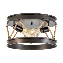 Farmhouse 2-Light Hemp Rope Iron Drum Cage Flush Mount