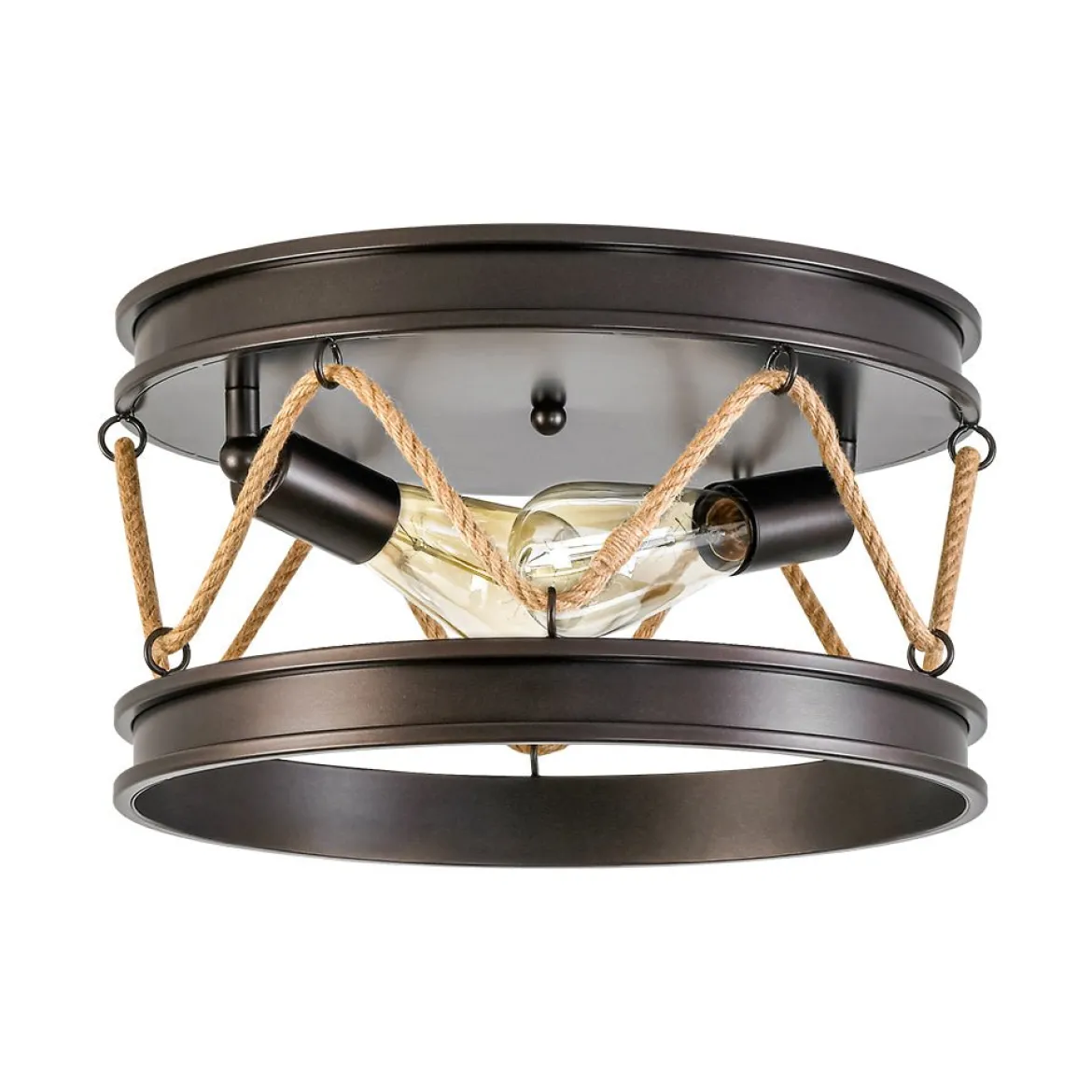 Farmhouse 2-Light Hemp Rope Iron Drum Cage Flush Mount