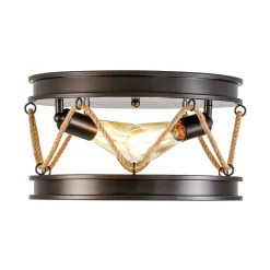 Farmhouse 2-Light Hemp Rope Iron Drum Cage Flush Mount