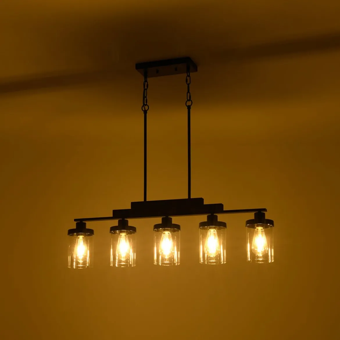 Farmhouse Linear Glass Wooden Kitchen Island Ceiling Light