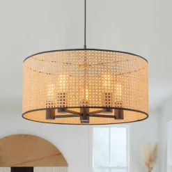 Farmhouse Wide Woven Rattan Drum Cage Pendant Light