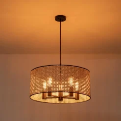 Farmhouse Wide Woven Rattan Drum Cage Pendant Light