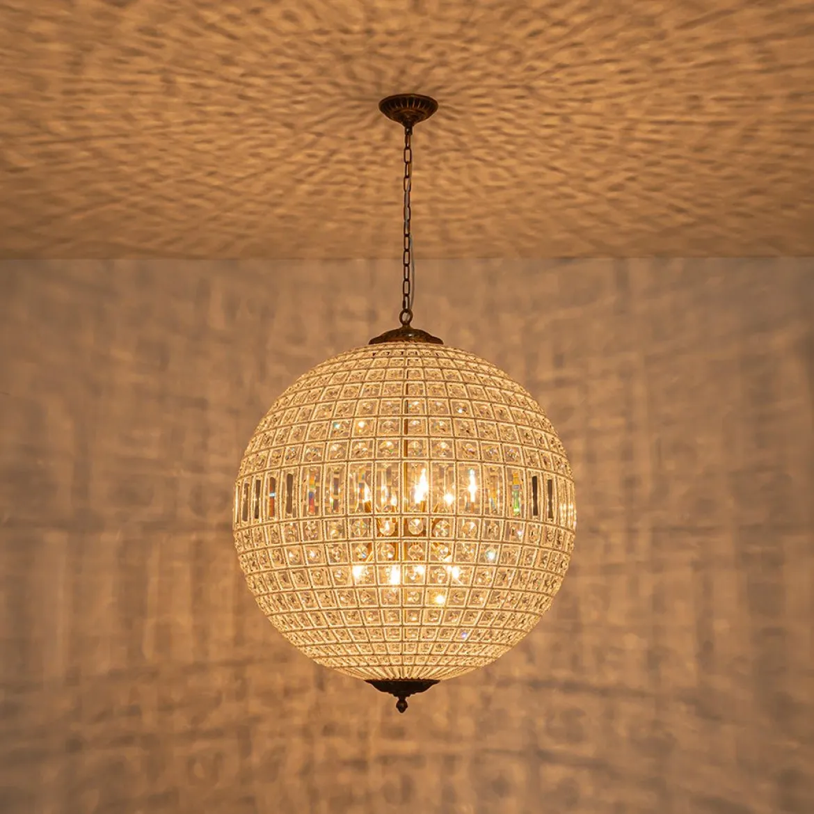 French Antique Brass Crystal Globe Chandelier