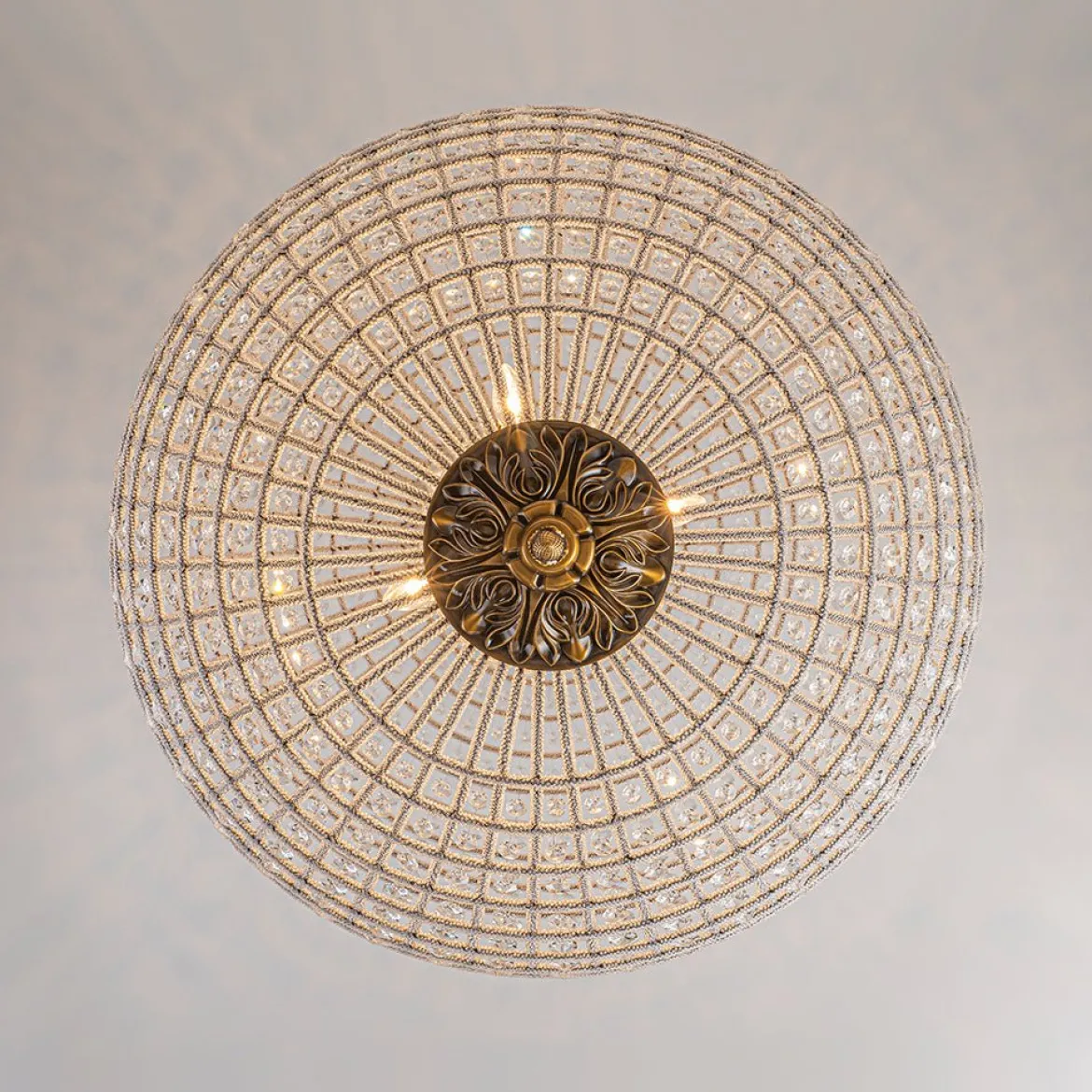 French Antique Brass Crystal Globe Chandelier