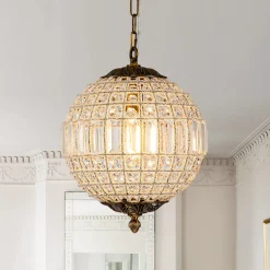 French Antique Brass Crystal Globe Chandelier