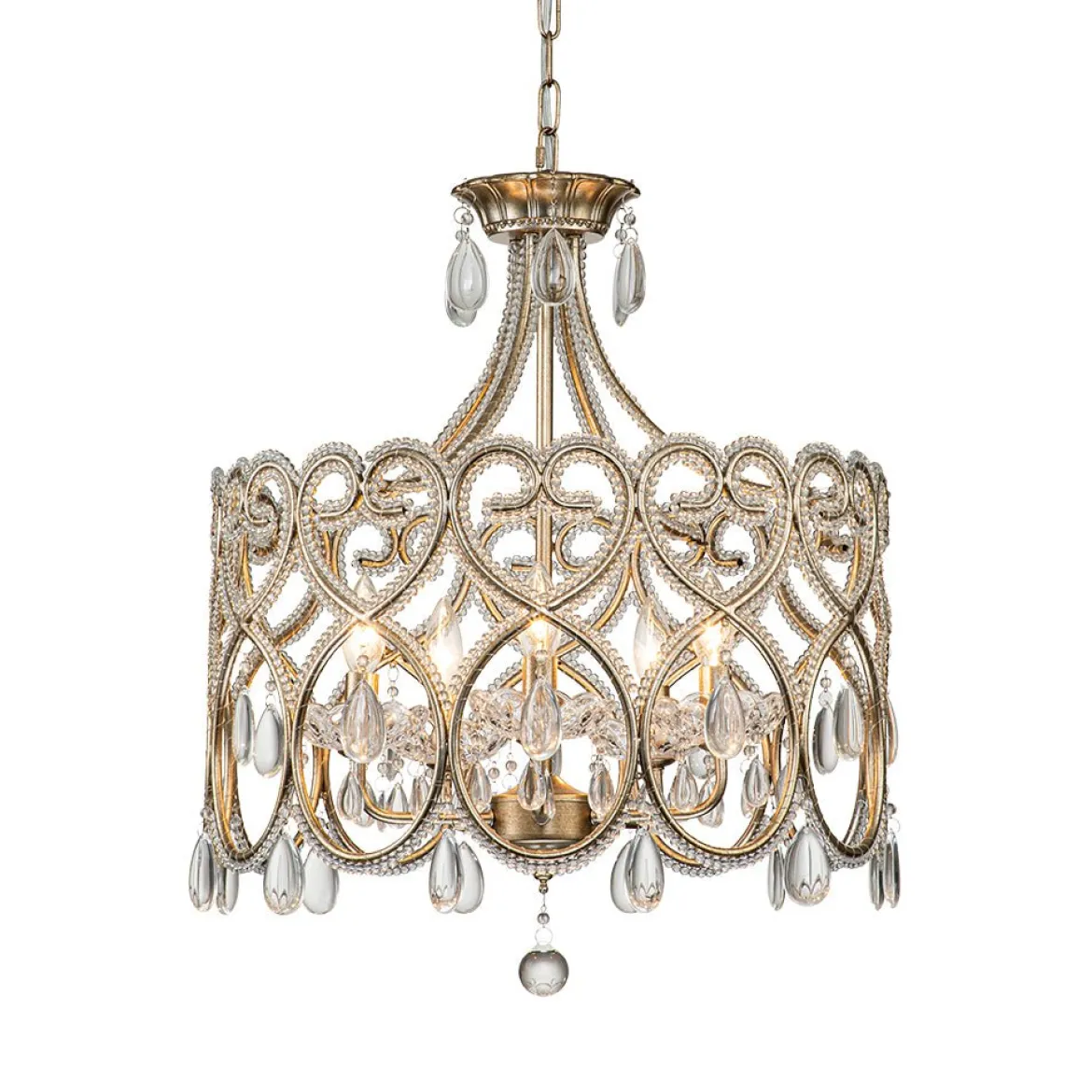 French Antique 5-Light Crystal Accents Drum Chandelier