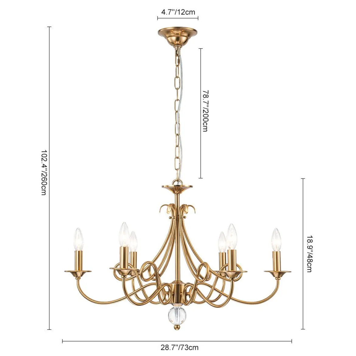 French Classic Brass Scrolling Candle Style Chandelier