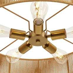 French Country Brown Woven Rope Wide Drum Semi Flush Chandelier