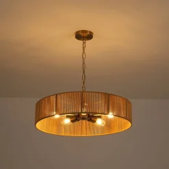 French Country Brown Woven Rope Wide Drum Semi Flush Chandelier