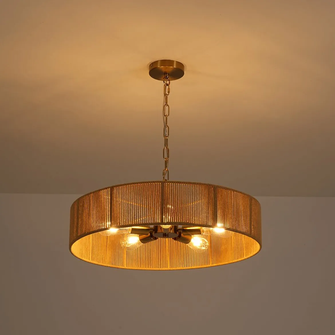 French Country Brown Woven Rope Wide Drum Semi Flush Chandelier