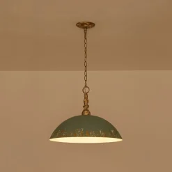 French Country Distressed Teal Gold Flat Dome Metal Pendant
