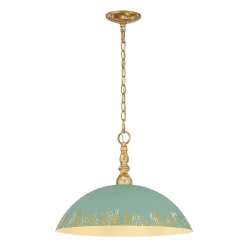 French Country Distressed Teal Gold Flat Dome Metal Pendant