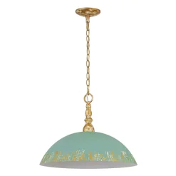 French Country Distressed Teal Gold Flat Dome Metal Pendant