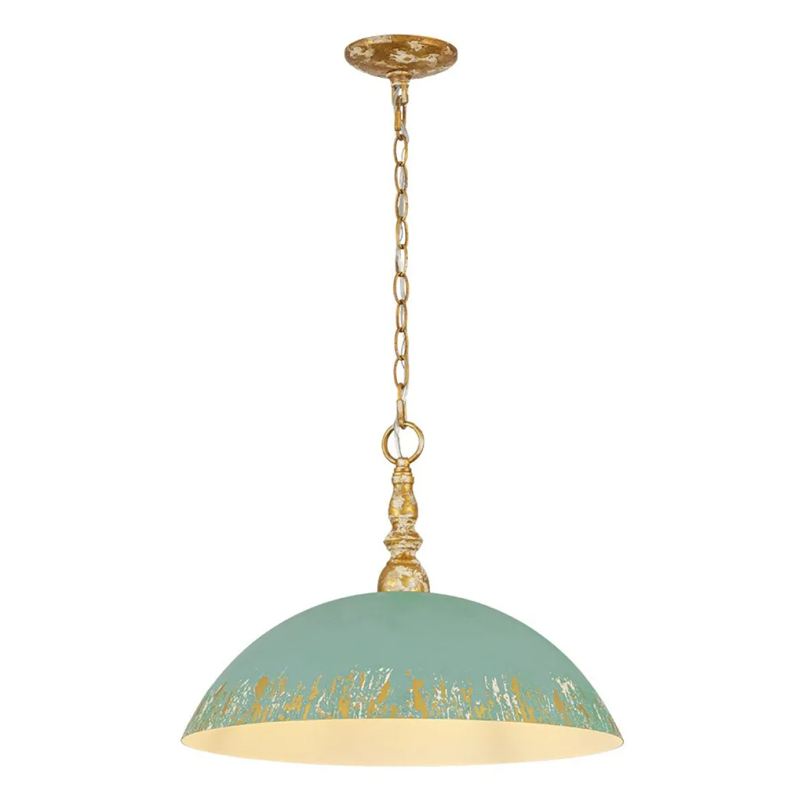 French Country Distressed Teal Gold Flat Dome Metal Pendant