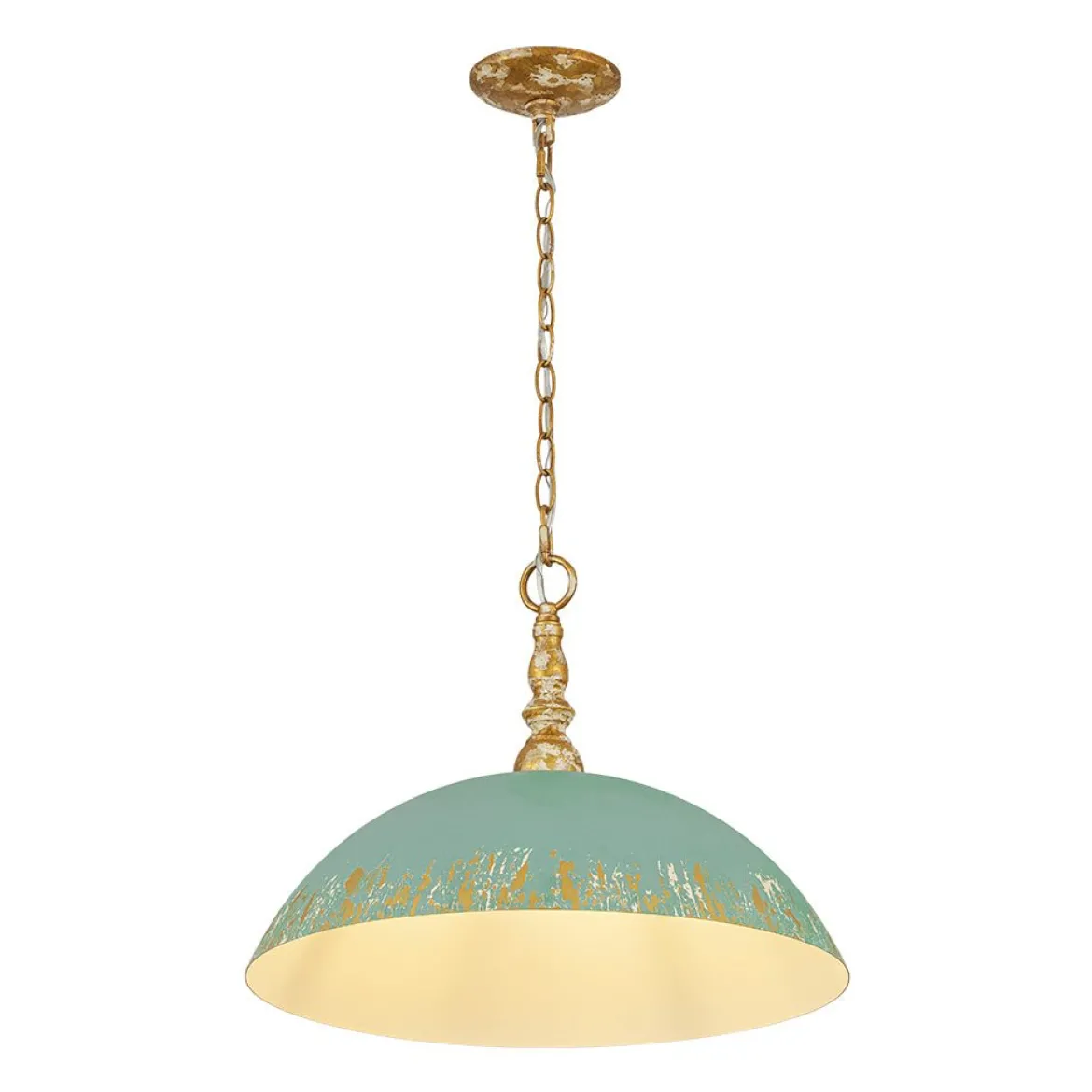 French Country Distressed Teal Gold Flat Dome Metal Pendant
