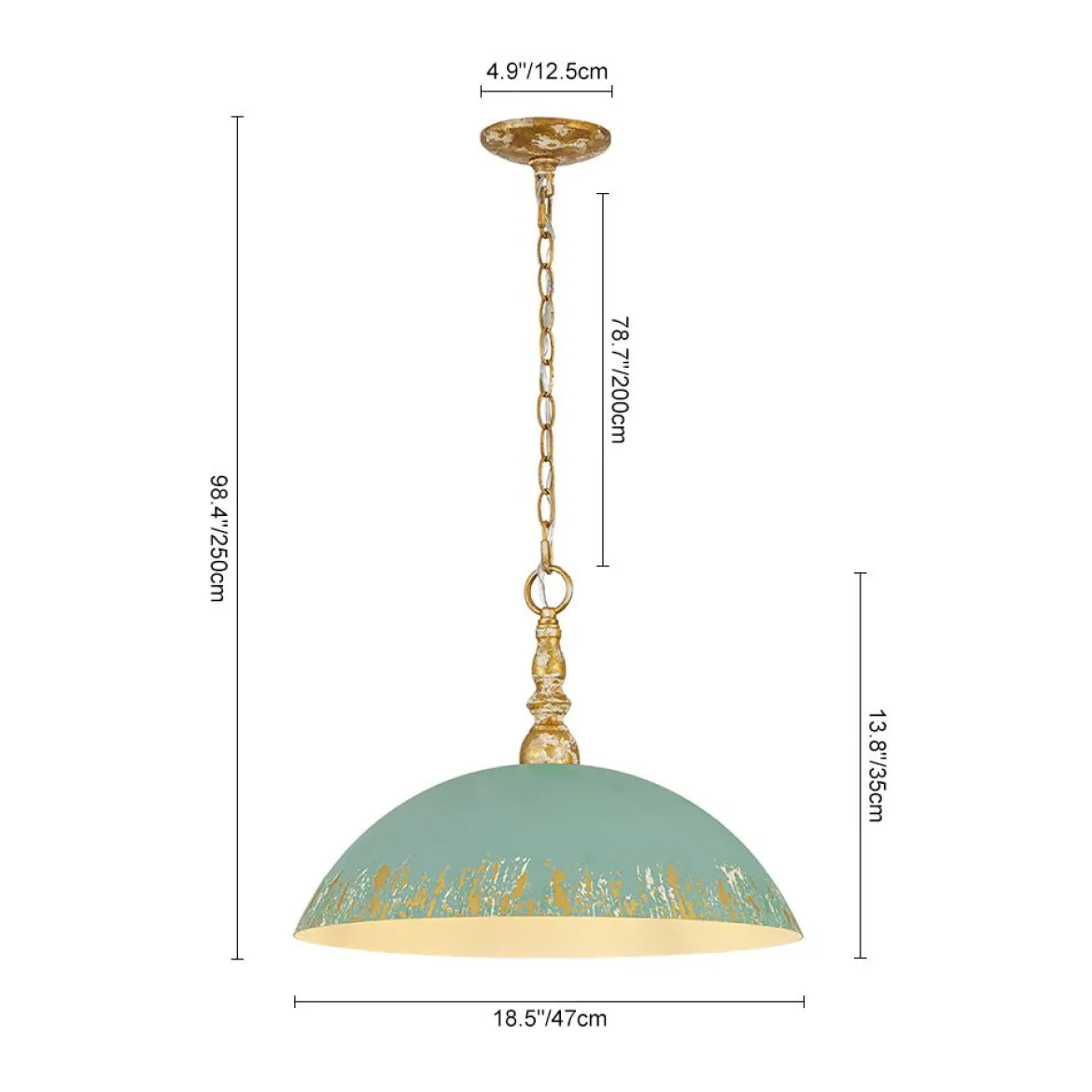 French Country Distressed Teal Gold Flat Dome Metal Pendant