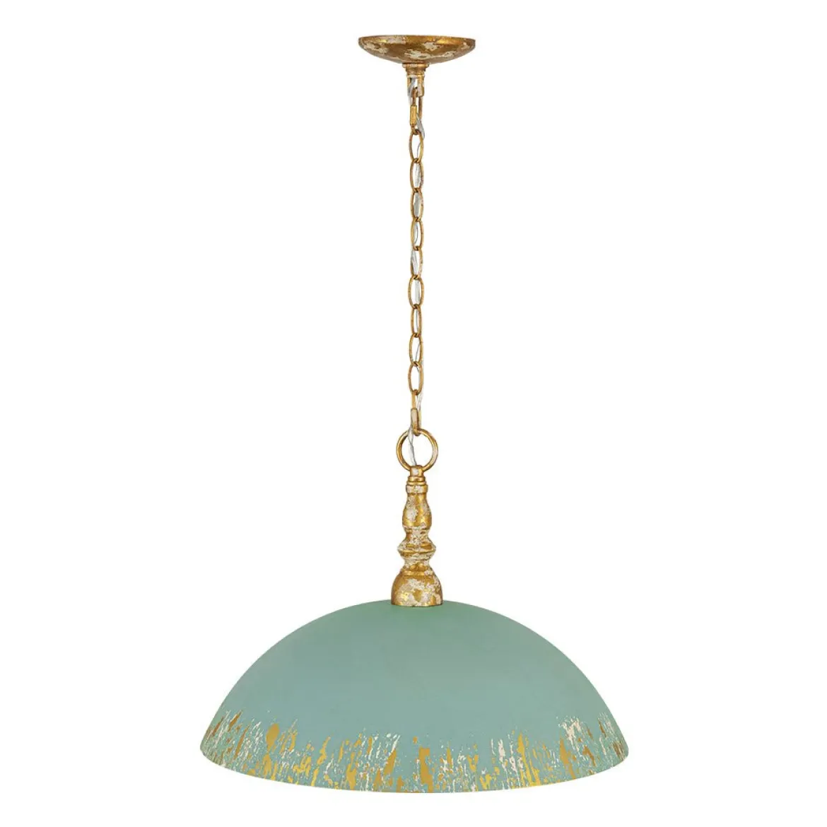 French Country Distressed Teal Gold Flat Dome Metal Pendant