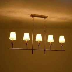 French Country 5-Light Fabric Shade Candle Linear Island Chandelier