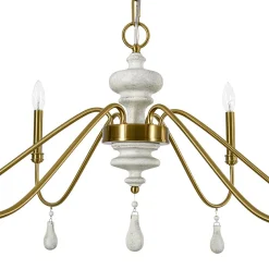 French Country White Wood Brass Iron Candle Chandelier