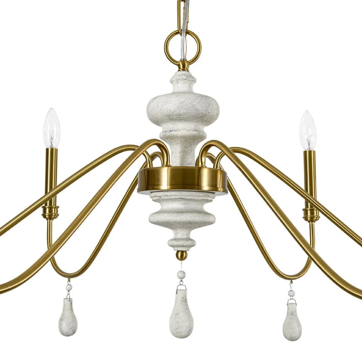 French Country White Wood Brass Iron Candle Chandelier