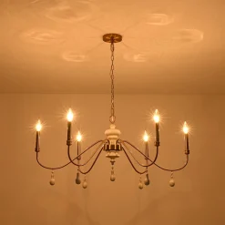 French Country White Wood Brass Iron Candle Chandelier