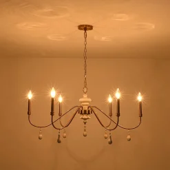 French Country White Wood Brass Iron Candle Chandelier