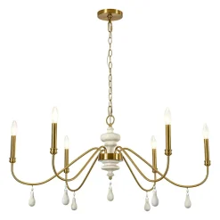 French Country White Wood Brass Iron Candle Chandelier