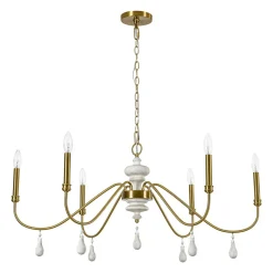 French Country White Wood Brass Iron Candle Chandelier